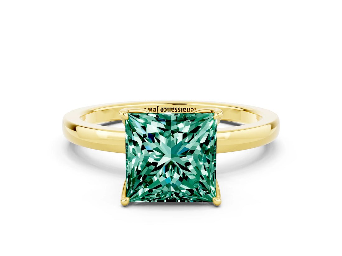 Yellow gold Princess Cut Green Sapphire Solitaire Ring with Thin Band and Prong Setting_12