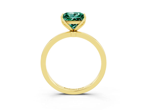Yellow gold Princess Cut Green Sapphire Solitaire Ring with Thin Band and Prong Setting