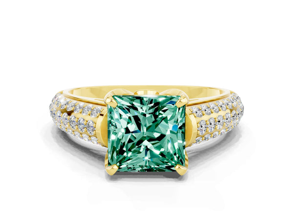 Yellow gold Princess Cut Green Sapphire Solitaire Ring with Three-Row Pavé Band and Four-Prong Setting