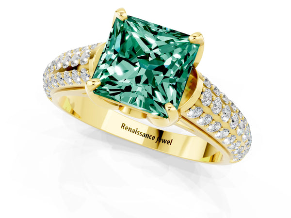 Yellow gold Princess Cut Green Sapphire Solitaire Ring with Three-Row Pavé Band and Four-Prong Setting