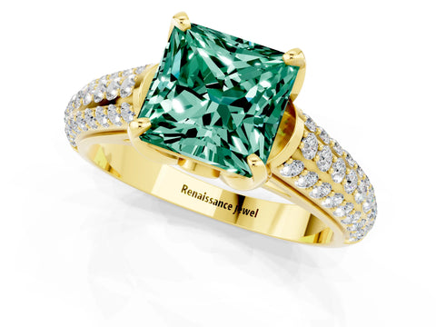 Yellow gold Princess Cut Green Sapphire Solitaire Ring with Three-Row Pavé Band and Four-Prong Setting_13