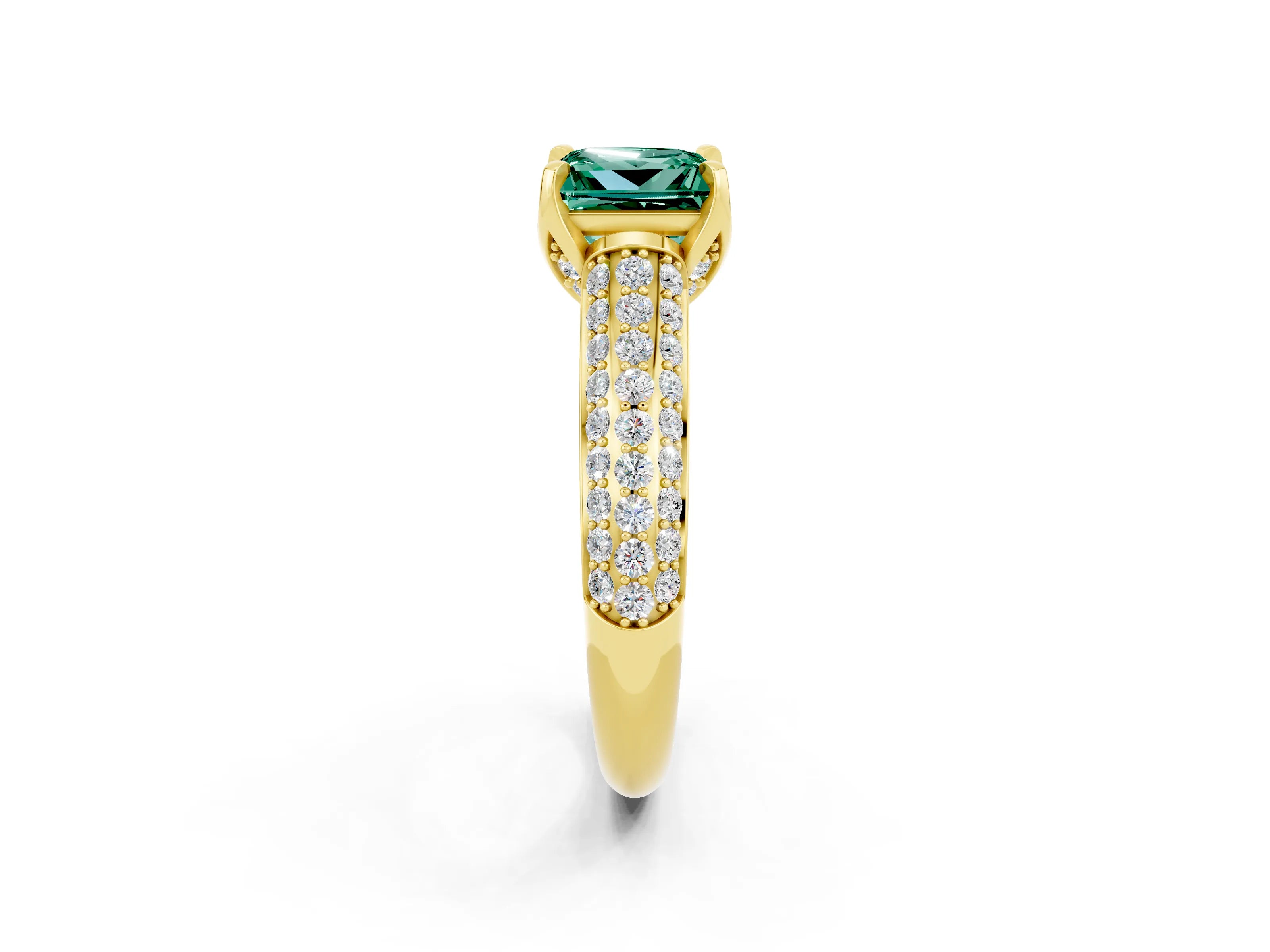 Yellow gold Princess Cut Green Sapphire Solitaire Ring with Three-Row Pavé Band and Four-Prong Setting_14