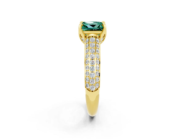Yellow gold Princess Cut Green Sapphire Solitaire Ring with Three-Row Pavé Band and Four-Prong Setting