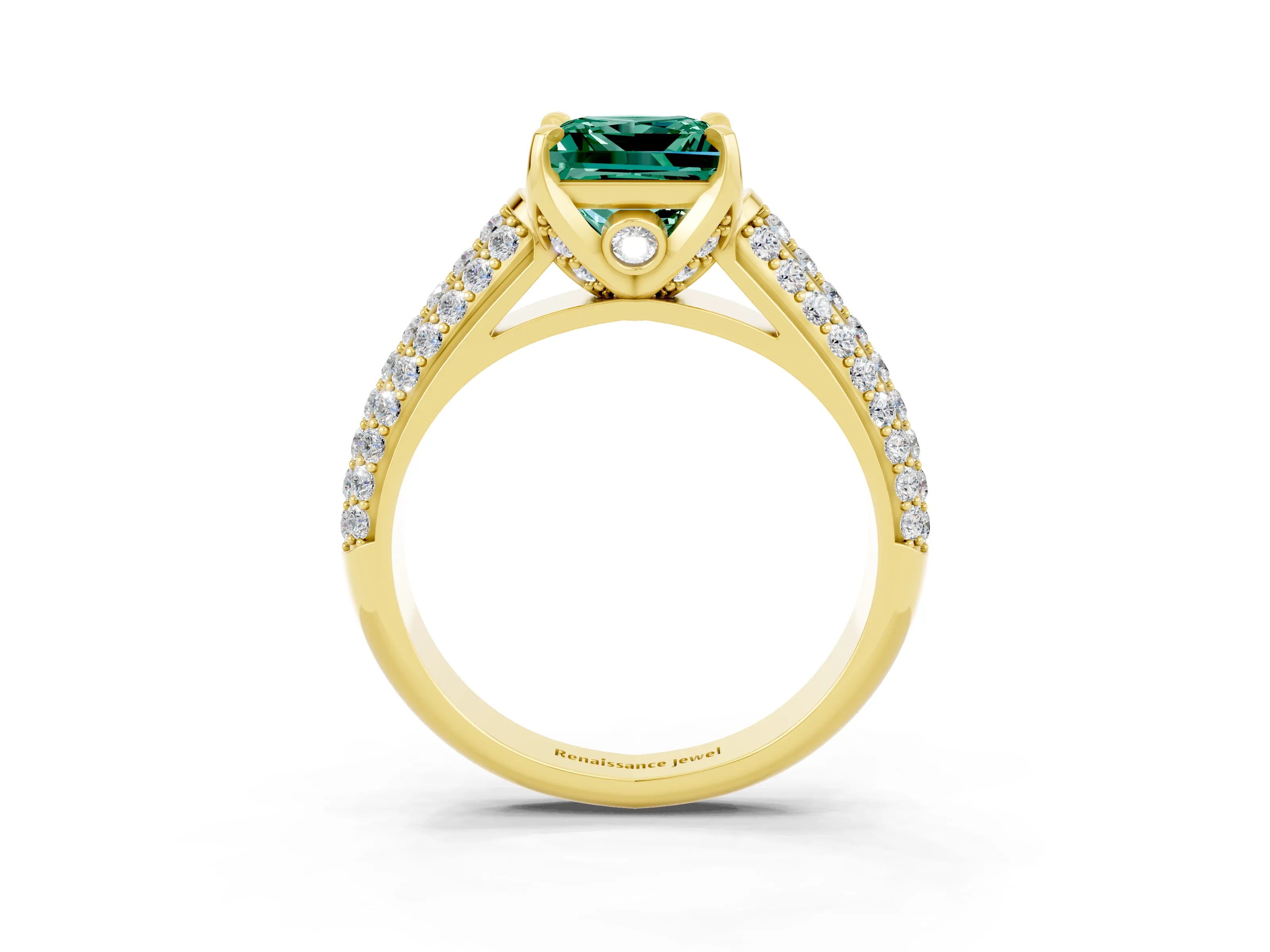 Yellow gold Princess Cut Green Sapphire Solitaire Ring with Three-Row Pavé Band and Four-Prong Setting_15
