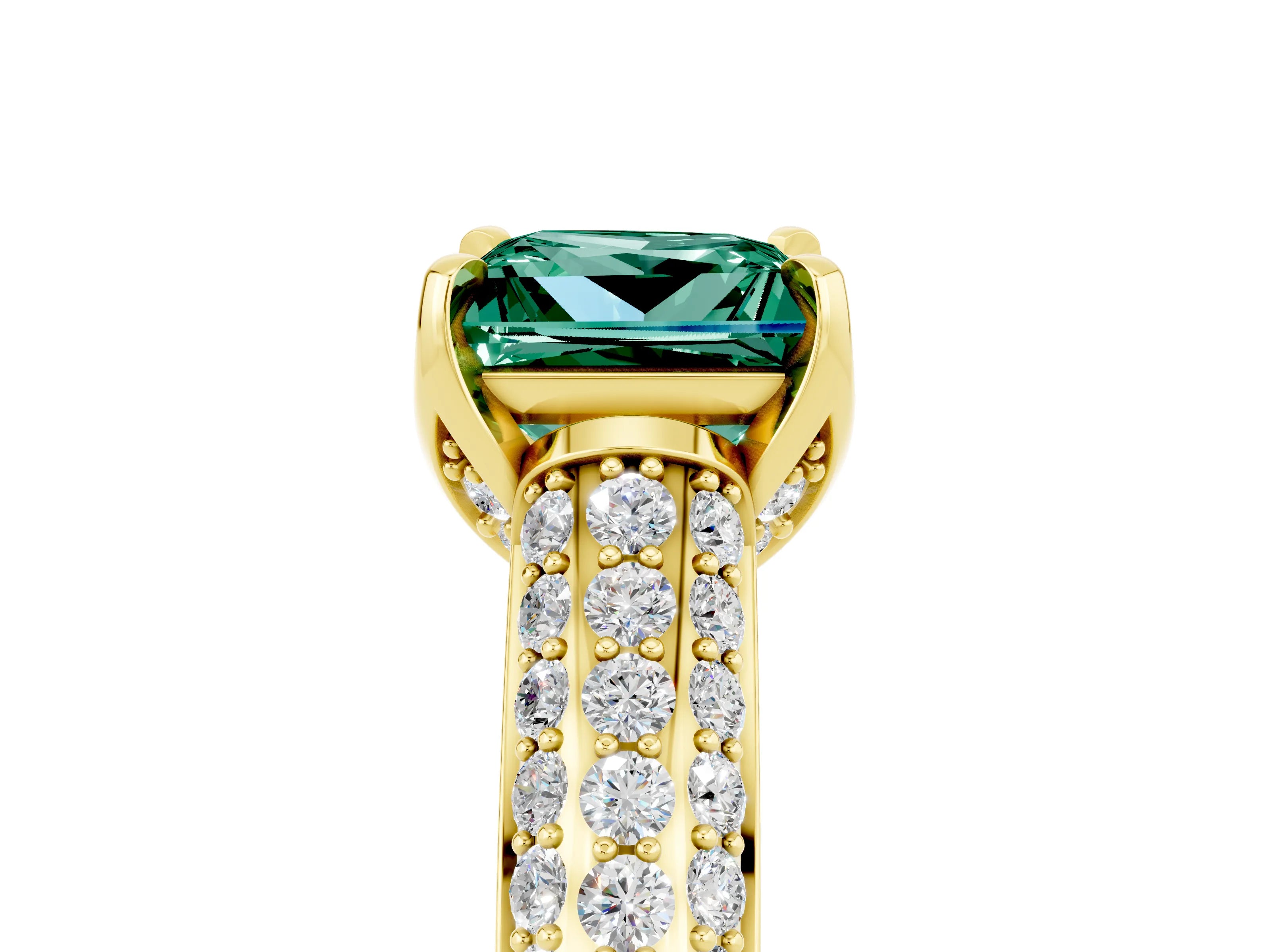 Yellow gold Princess Cut Green Sapphire Solitaire Ring with Three-Row Pavé Band and Four-Prong Setting_17