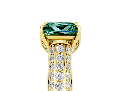 Yellow gold Princess Cut Green Sapphire Solitaire Ring with Three-Row Pavé Band and Four-Prong Setting_17
