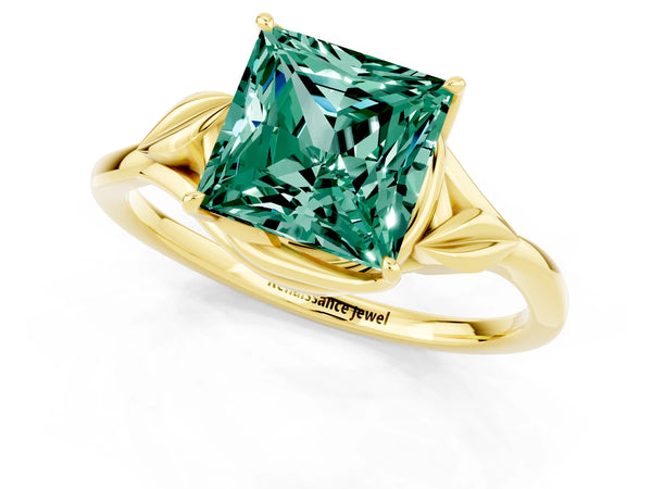 Yellow gold Princess Cut Green Sapphire Solitaire Ring with Twist Band and Four-Prong Setting