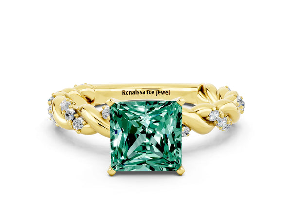 Yellow gold Princess Cut Green Sapphire Solitaire Ring with Twisted Band and Pavé Accents