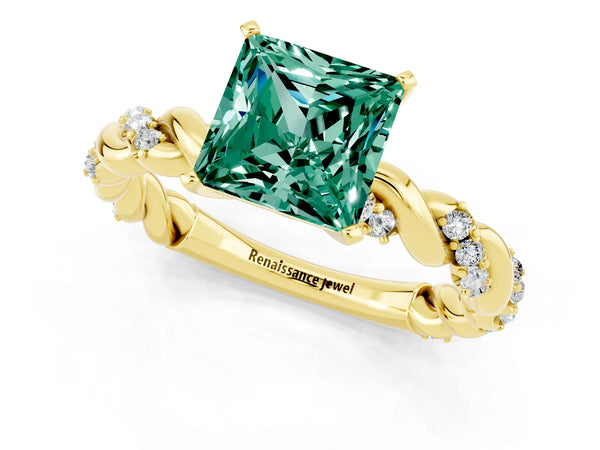 Yellow gold Princess Cut Green Sapphire Solitaire Ring with Twisted Band and Pavé Accents