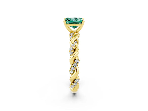 Yellow gold Princess Cut Green Sapphire Solitaire Ring with Twisted Band and Pavé Accents