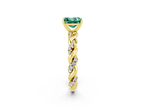Yellow gold Princess Cut Green Sapphire Solitaire Ring with Twisted Band and Pavé Accents_2