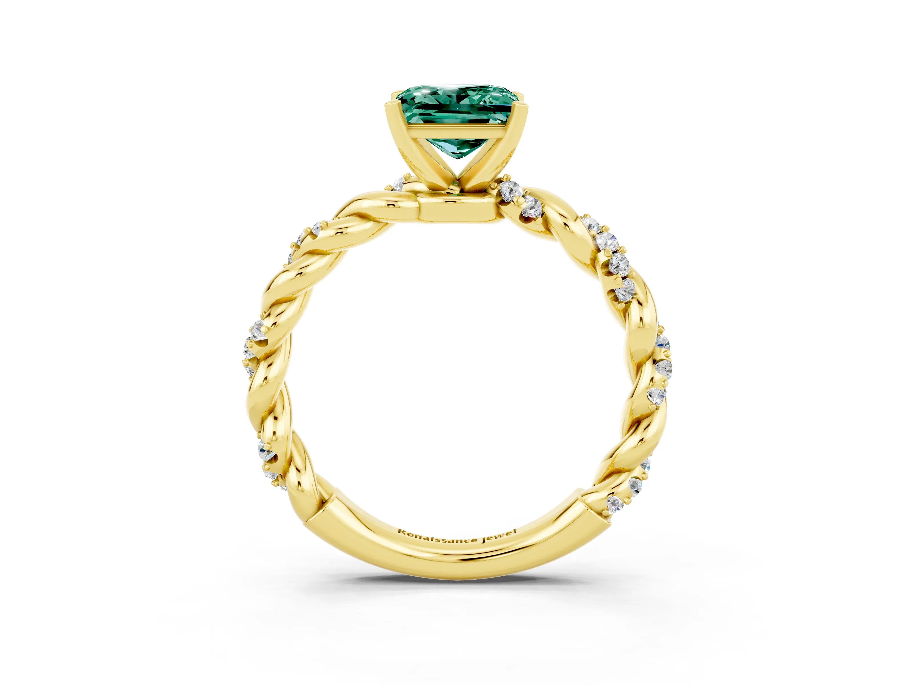 Yellow gold Princess Cut Green Sapphire Solitaire Ring with Twisted Band and Pavé Accents_3