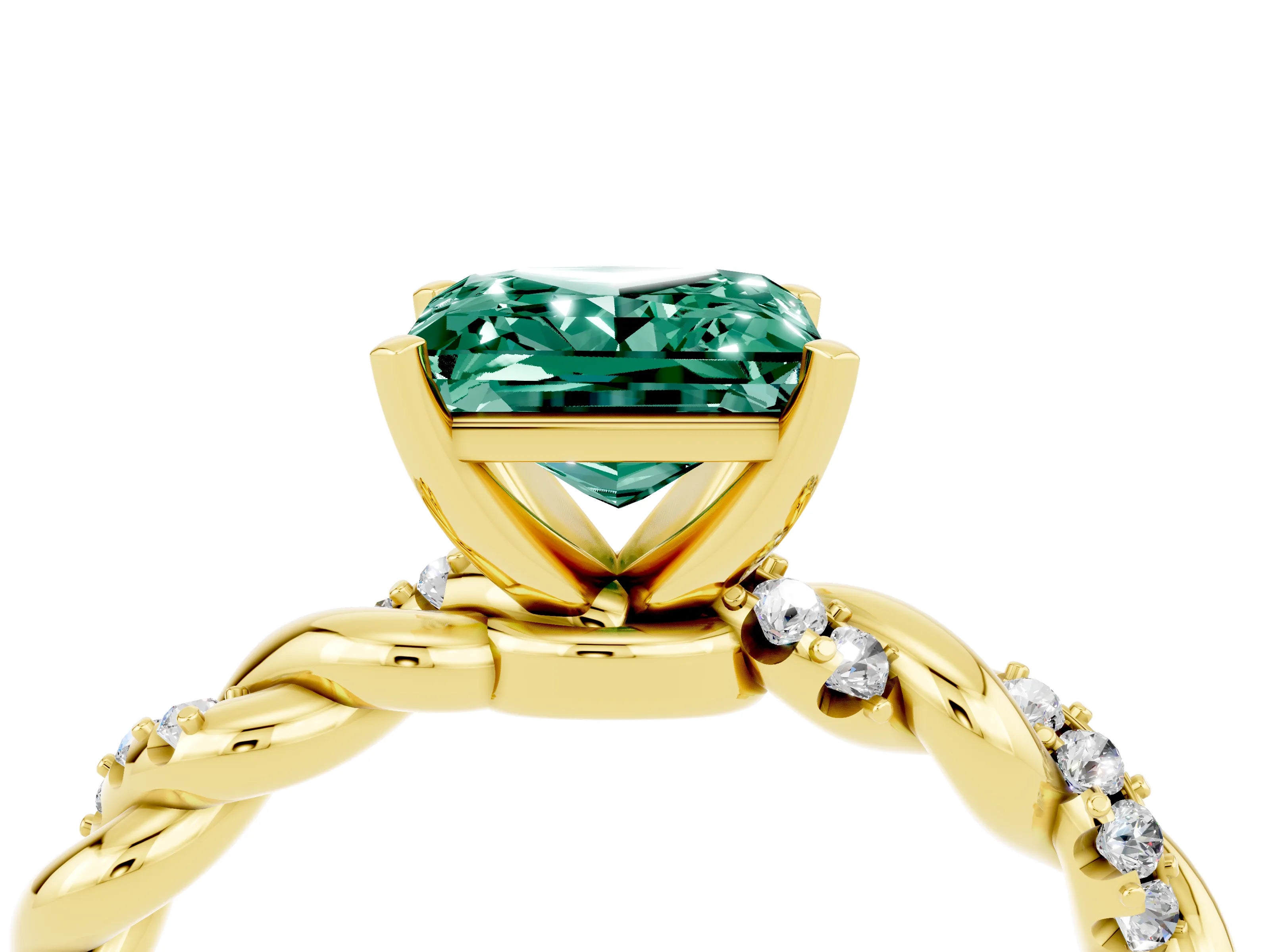 Yellow gold Princess Cut Green Sapphire Solitaire Ring with Twisted Band and Pavé Accents_4