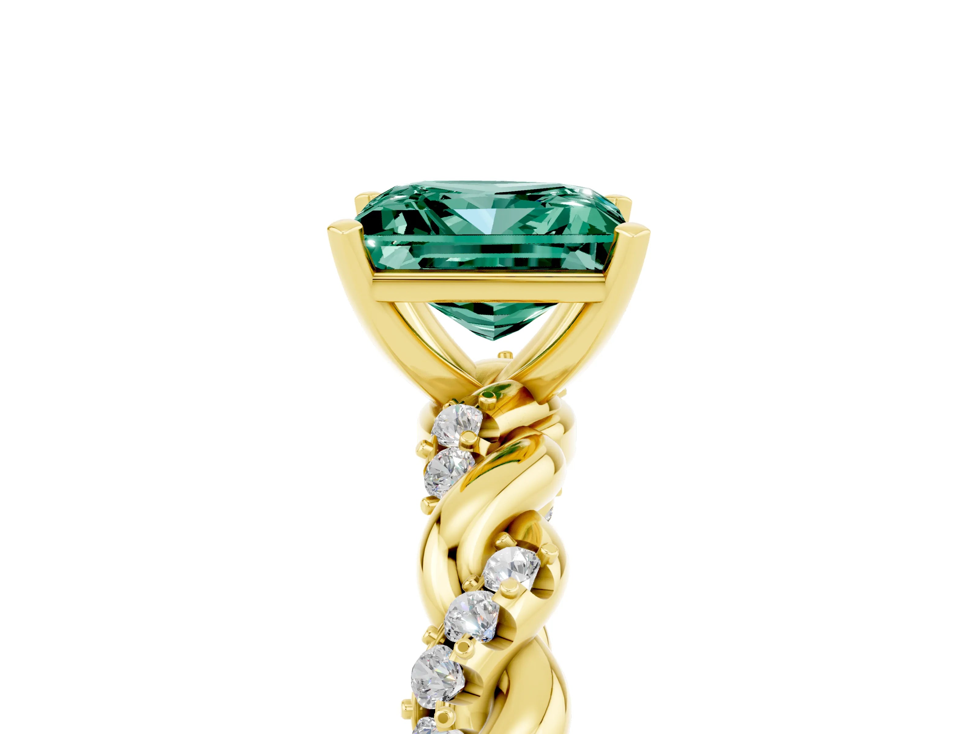 Yellow gold Princess Cut Green Sapphire Solitaire Ring with Twisted Band and Pavé Accents_5