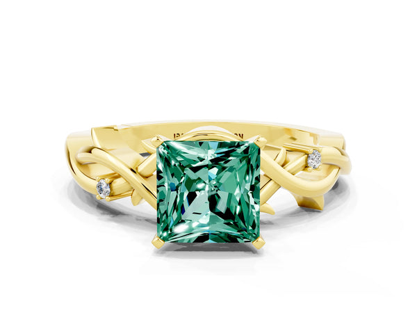 Yellow gold Princess Cut Green Sapphire Solitaire Ring with Twisted Band and Prong Setting