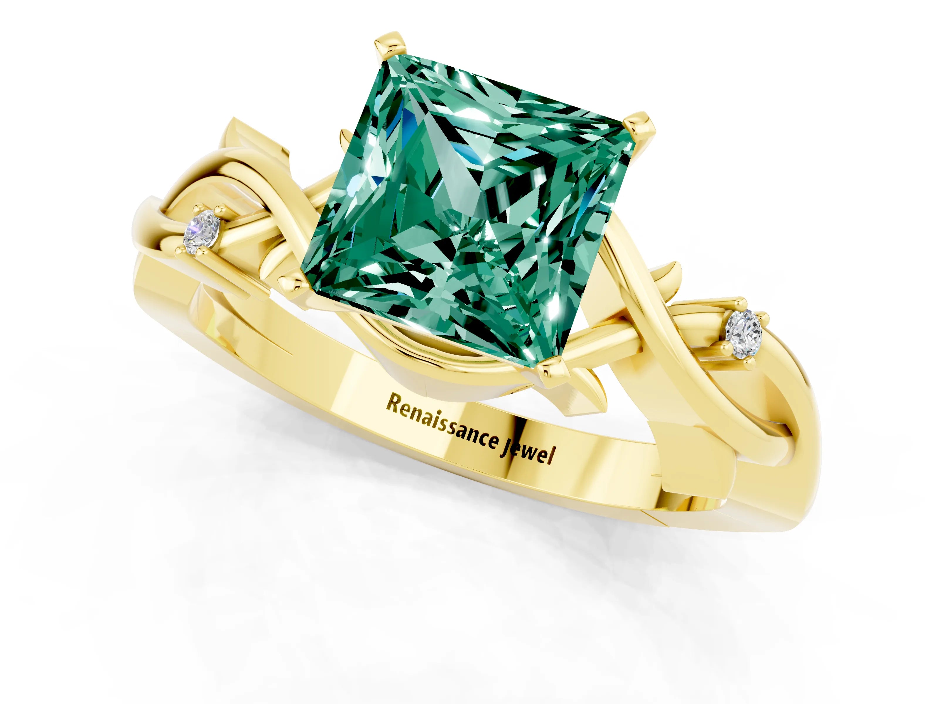 Yellow gold Princess Cut Green Sapphire Solitaire Ring with Twisted Band and Prong Setting_1