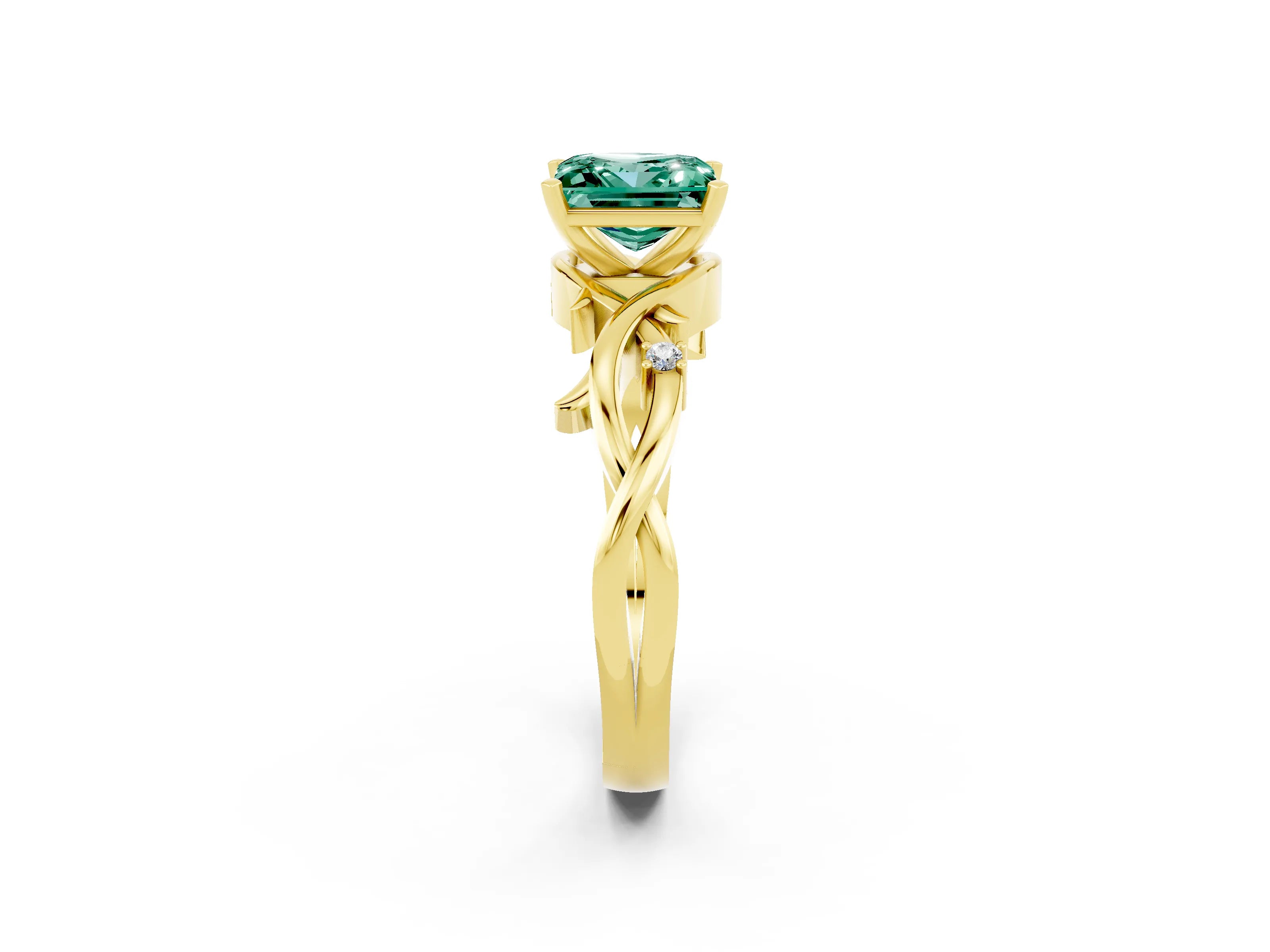 Yellow gold Princess Cut Green Sapphire Solitaire Ring with Twisted Band and Prong Setting_2