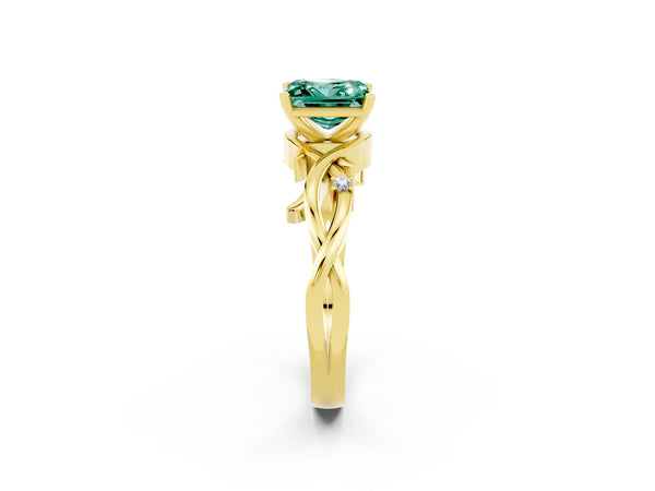 Yellow gold Princess Cut Green Sapphire Solitaire Ring with Twisted Band and Prong Setting