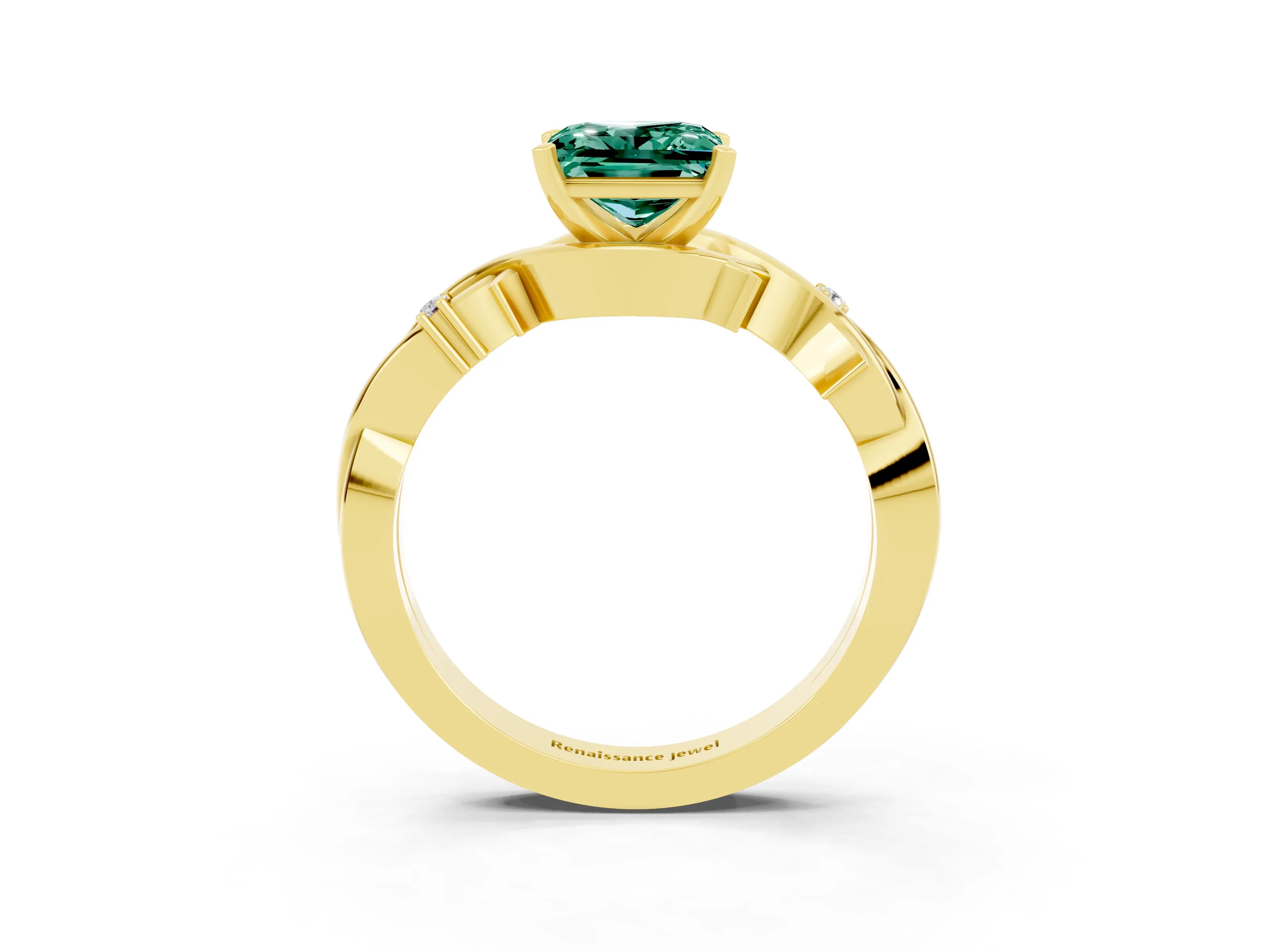 Yellow gold Princess Cut Green Sapphire Solitaire Ring with Twisted Band and Prong Setting_3