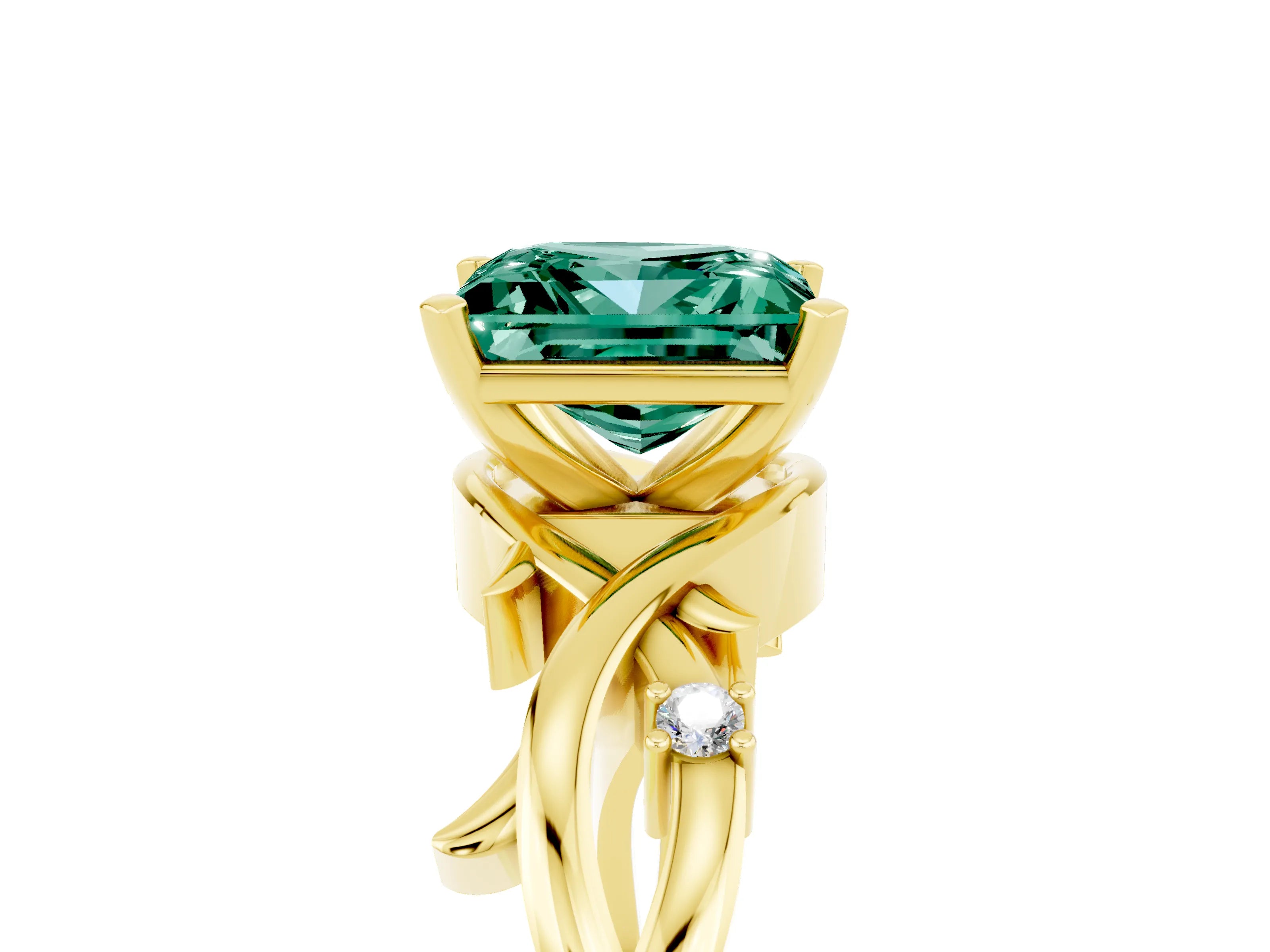 Yellow gold Princess Cut Green Sapphire Solitaire Ring with Twisted Band and Prong Setting_5