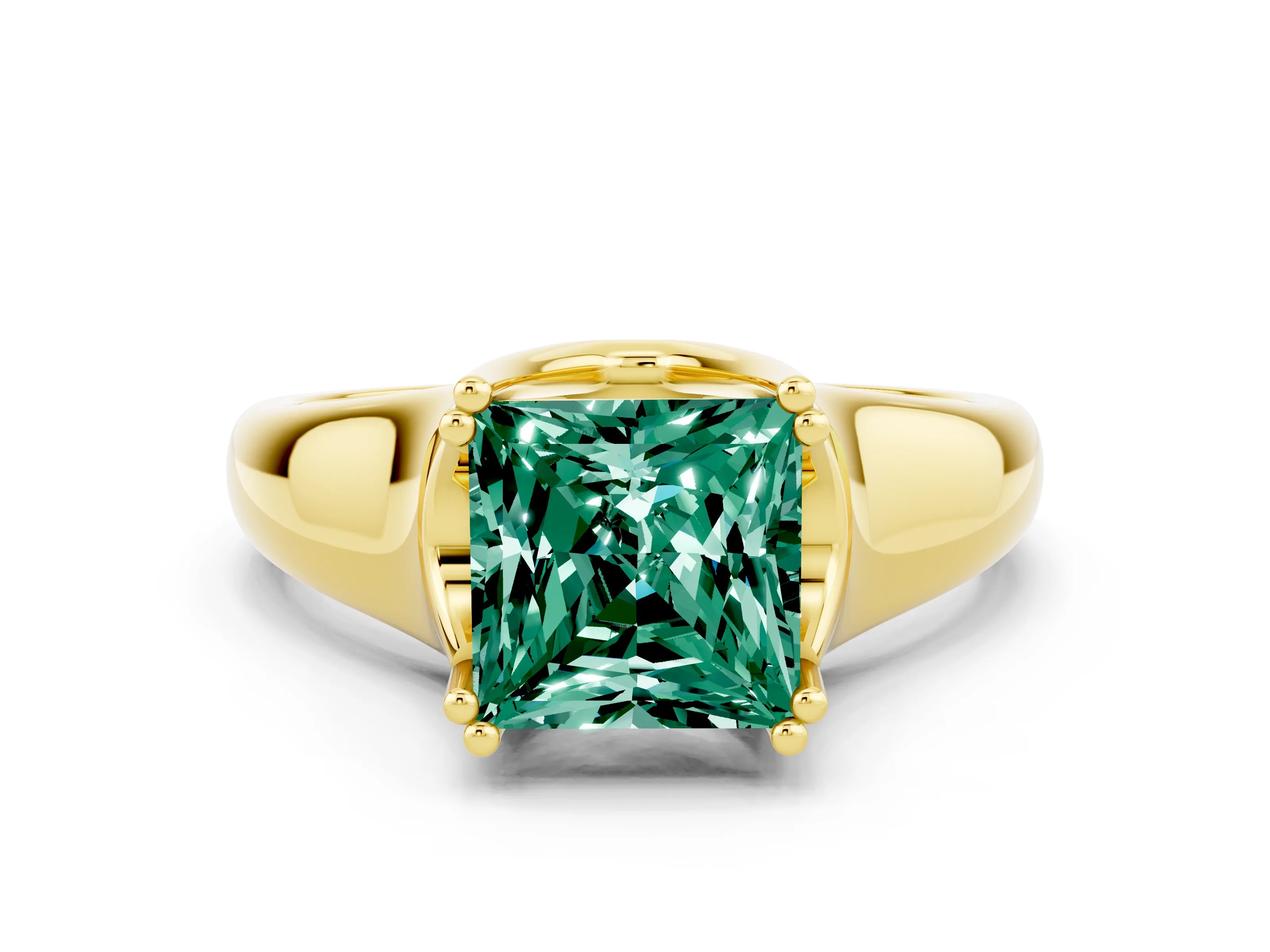 Yellow gold Princess Cut Green Sapphire Solitaire Ring with Wide Band and Prong Setting