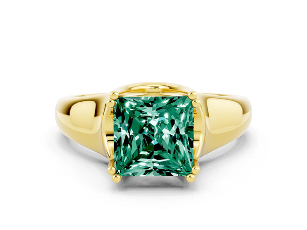 Yellow gold Princess Cut Green Sapphire Solitaire Ring with Wide Band and Prong Setting