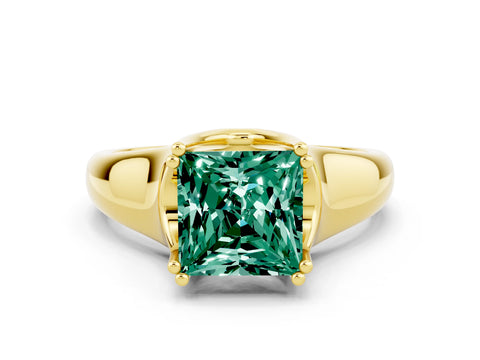 Yellow gold Princess Cut Green Sapphire Solitaire Ring with Wide Band and Prong Setting