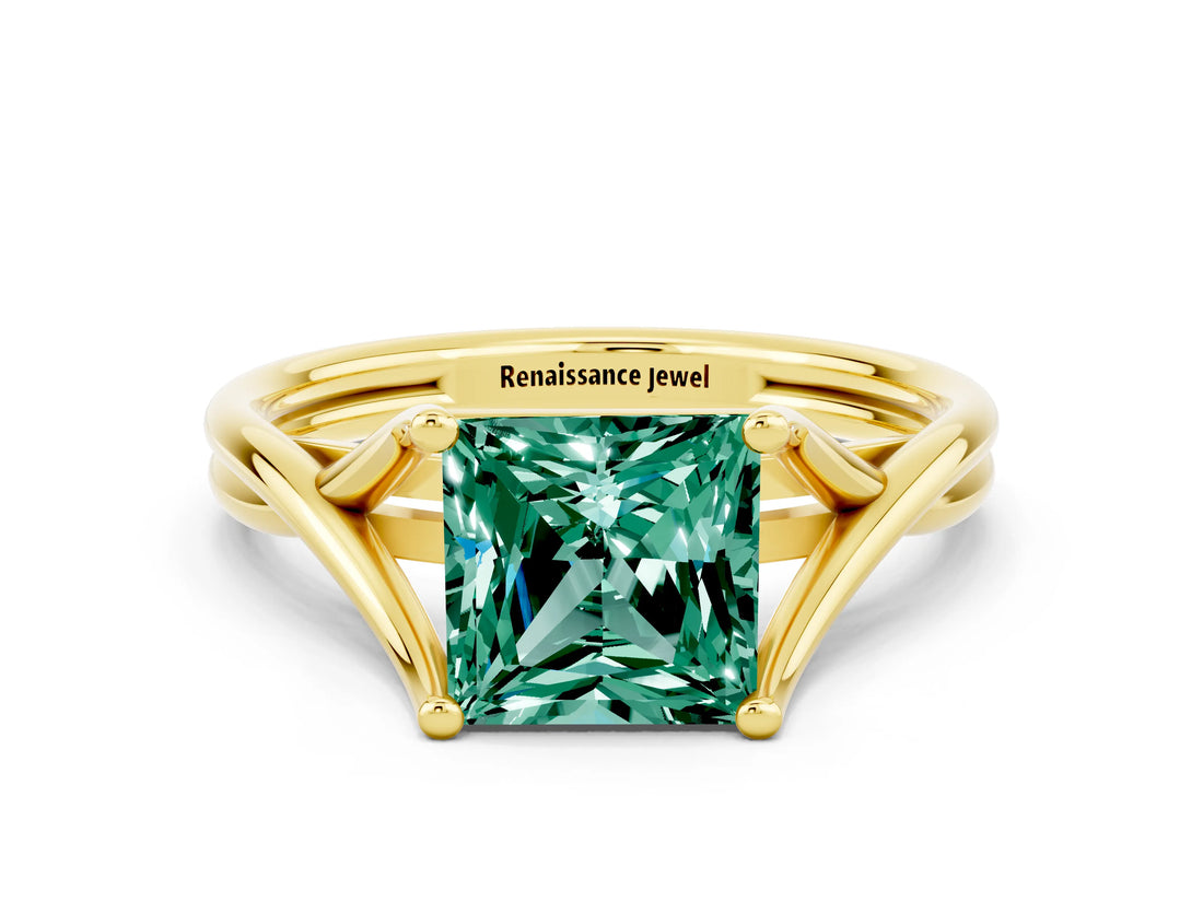 Yellow gold Princess Cut Green Sapphire Solitaire Twist Band Prong Setting Ring_70