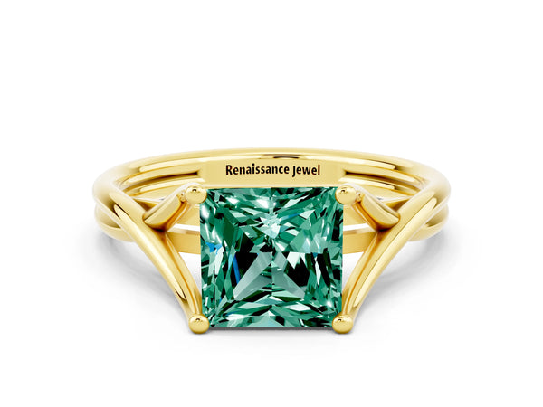 Yellow gold Princess Cut Green Sapphire Solitaire Twist Band Prong Setting Ring