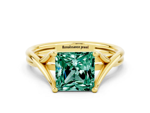 Yellow gold Princess Cut Green Sapphire Solitaire Twist Band Prong Setting Ring_70