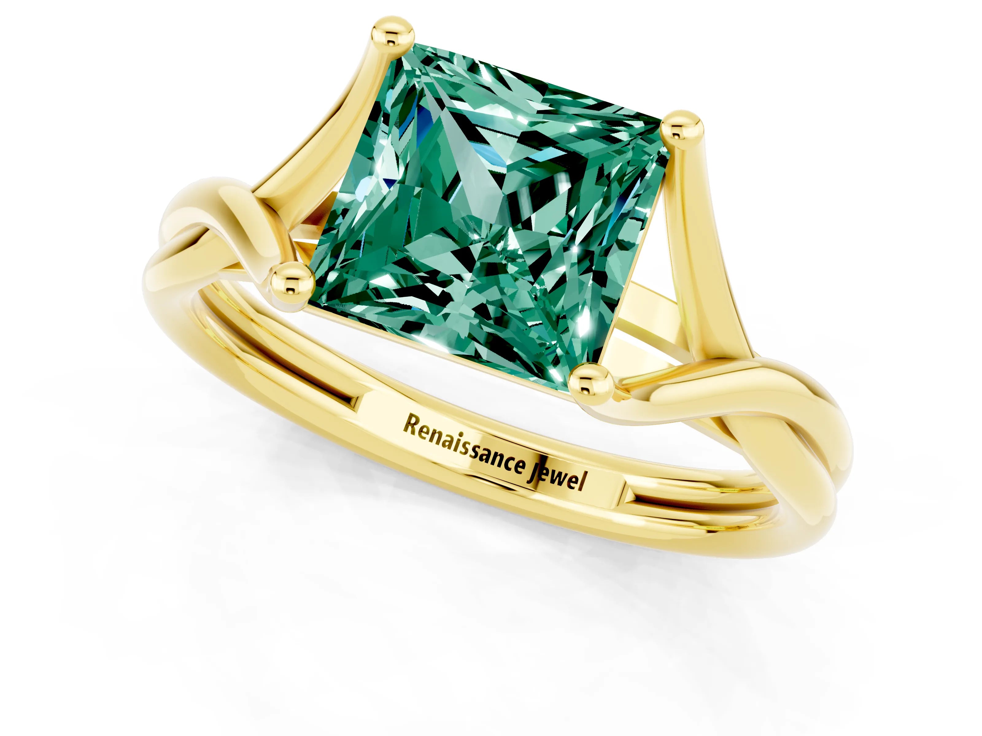 Yellow gold Princess Cut Green Sapphire Solitaire Twist Band Prong Setting Ring_71