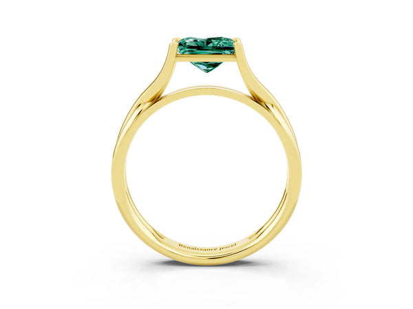 Yellow gold Princess Cut Green Sapphire Solitaire Twist Band Prong Setting Ring