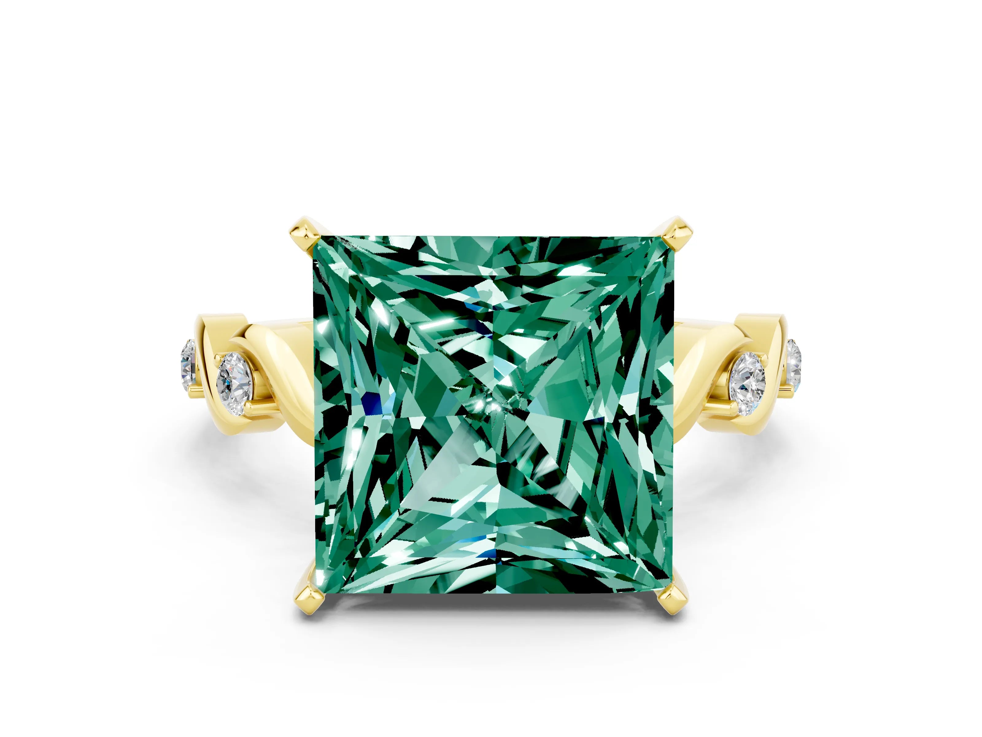 Yellow gold Princess Cut Green Sapphire Solitaire Twisted Band with Round  Accents and Prong Setting_12