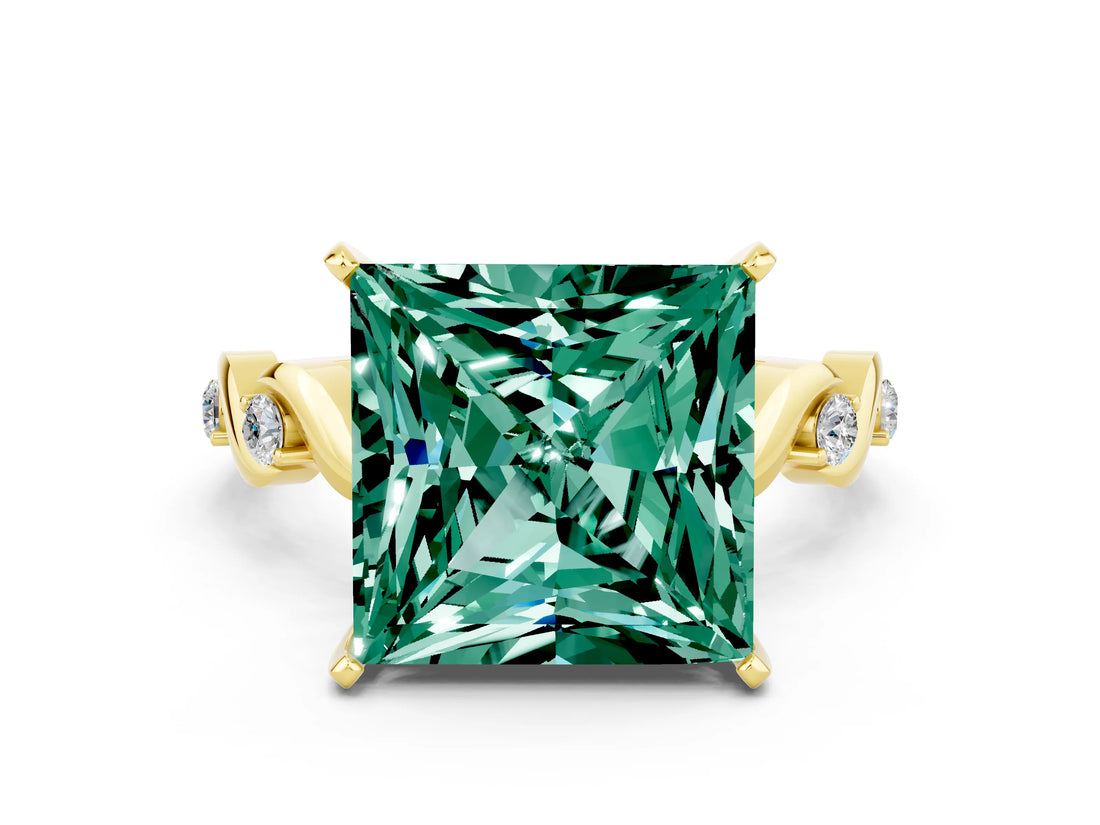 Yellow gold Princess Cut Green Sapphire Solitaire Twisted Band with Round  Accents and Prong Setting_12