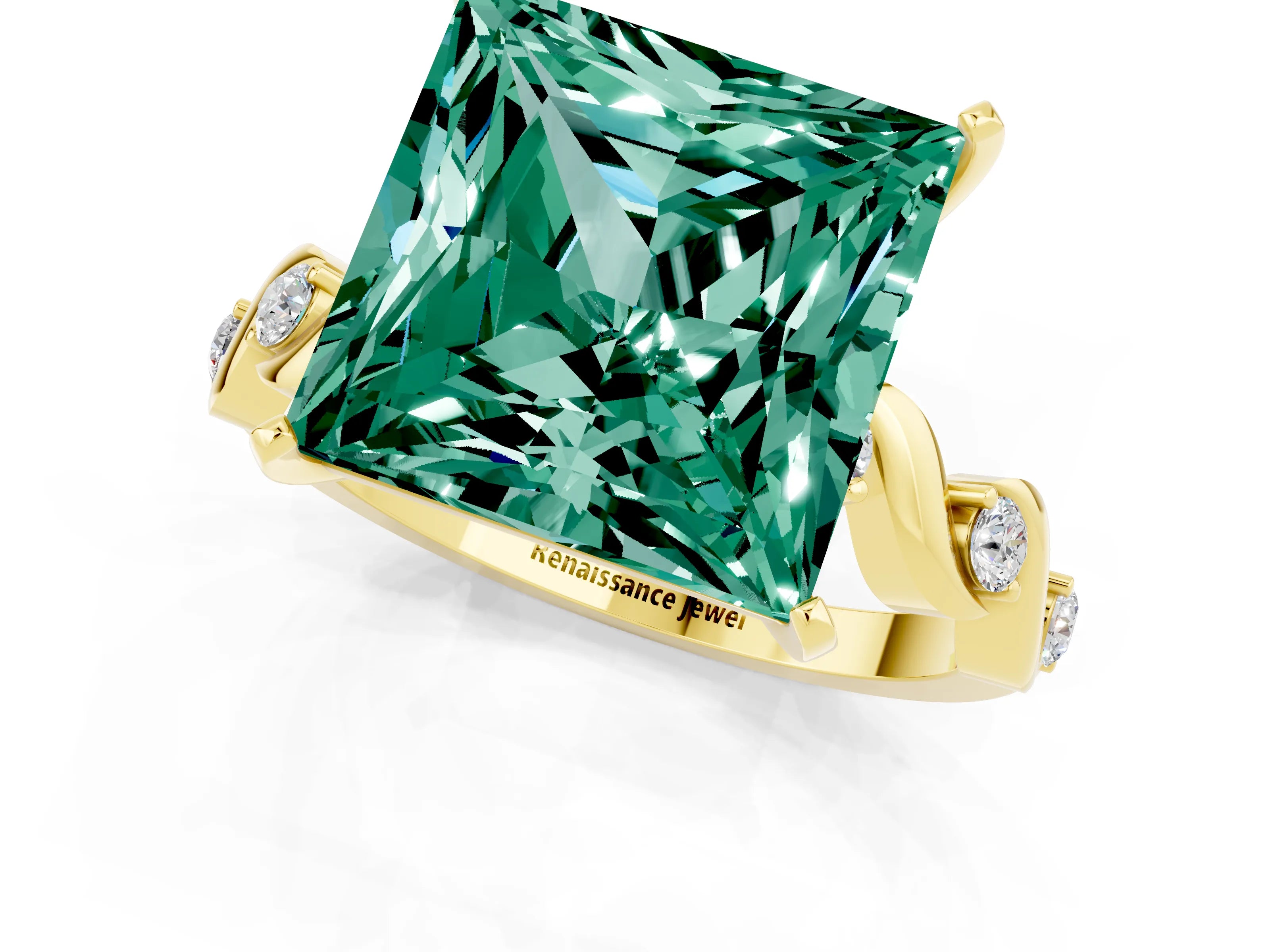 Yellow gold Princess Cut Green Sapphire Solitaire Twisted Band with Round  Accents and Prong Setting_13
