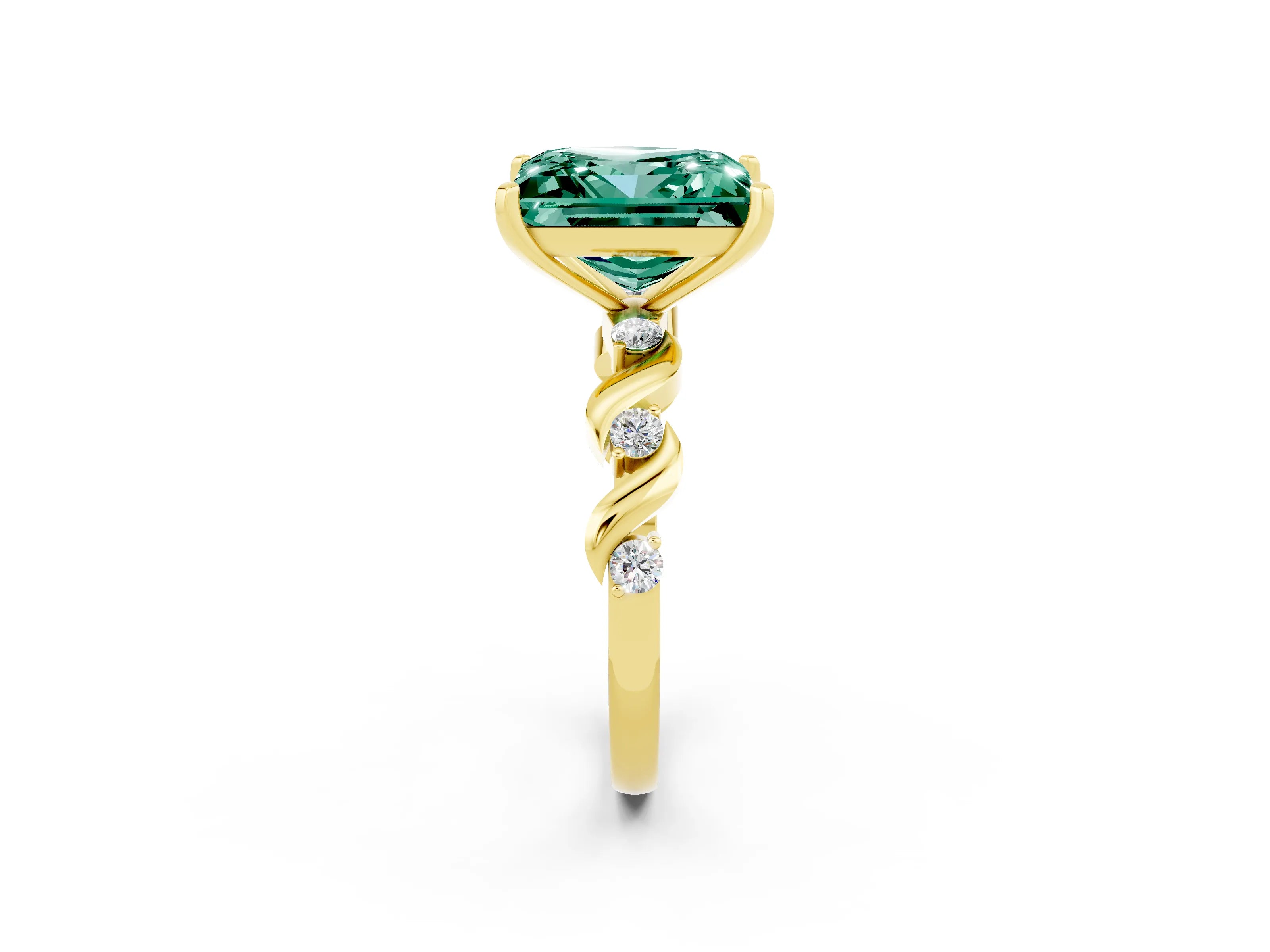 Yellow gold Princess Cut Green Sapphire Solitaire Twisted Band with Round  Accents and Prong Setting_14