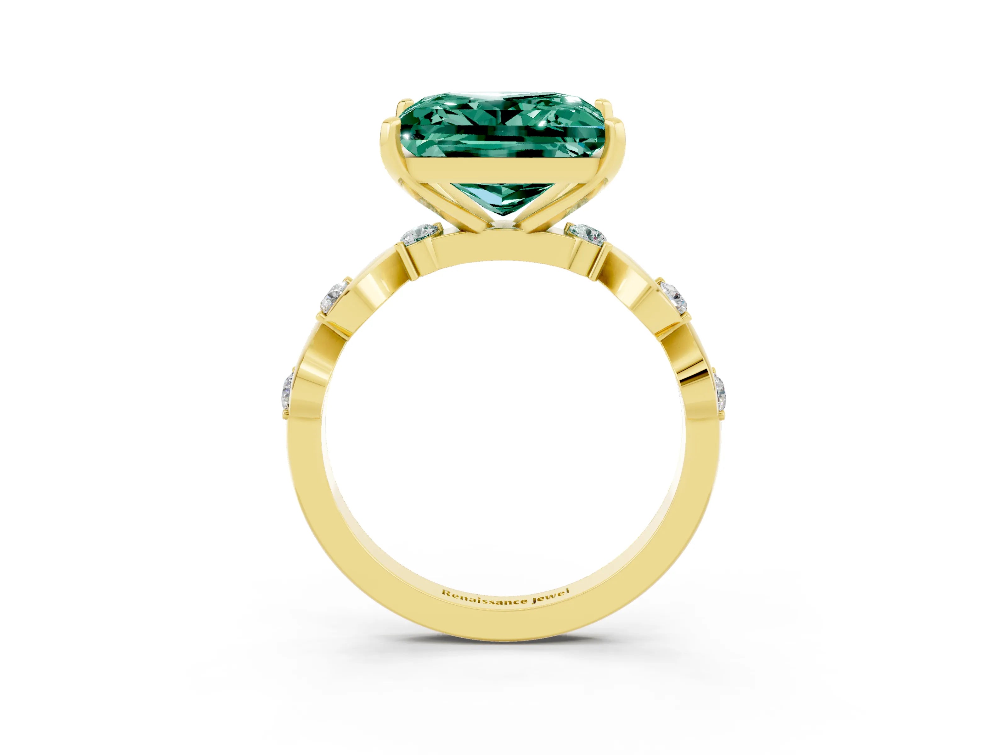 Yellow gold Princess Cut Green Sapphire Solitaire Twisted Band with Round  Accents and Prong Setting_15