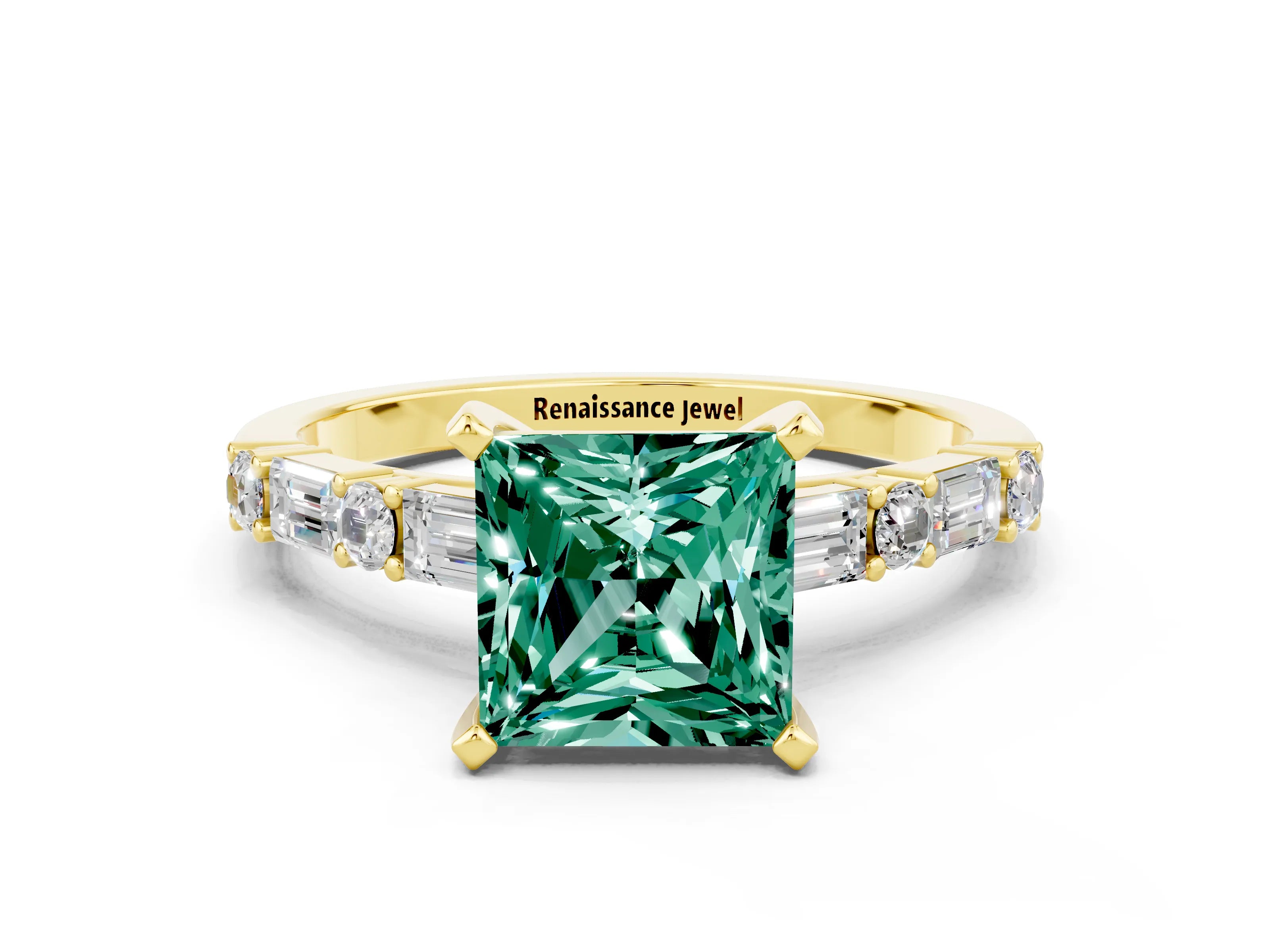 Yellow gold Princess Cut Green Sapphire Solitaire with Side Baguettes and Channel Set Band