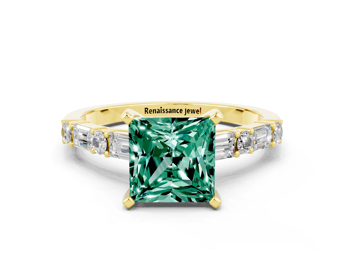 Yellow gold Princess Cut Green Sapphire Solitaire with Side Baguettes and Channel Set Band