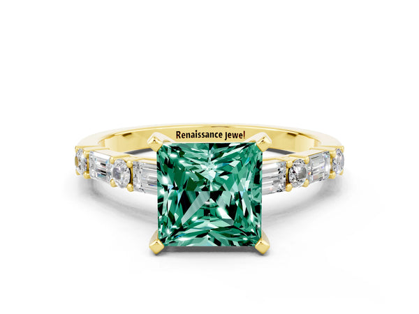 Yellow gold Princess Cut Green Sapphire Solitaire with Side Baguettes and Channel Set Band