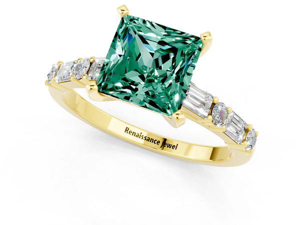 Yellow gold Princess Cut Green Sapphire Solitaire with Side Baguettes and Channel Set Band