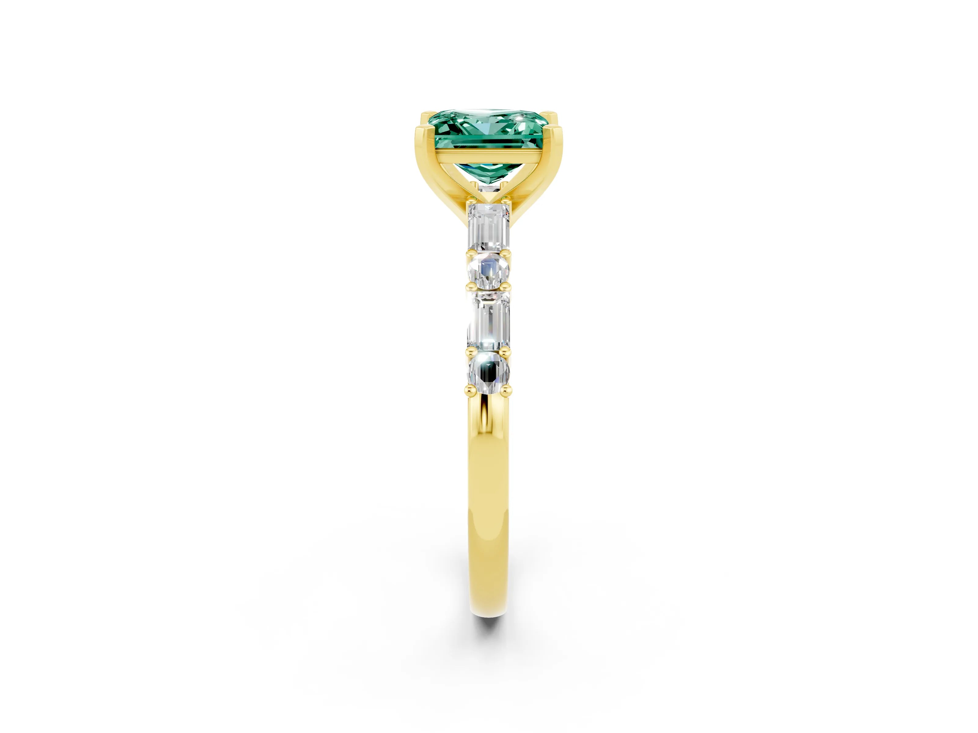 Yellow gold Princess Cut Green Sapphire Solitaire with Side Baguettes and Channel Set Band_2