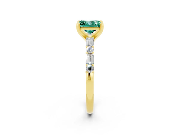 Yellow gold Princess Cut Green Sapphire Solitaire with Side Baguettes and Channel Set Band