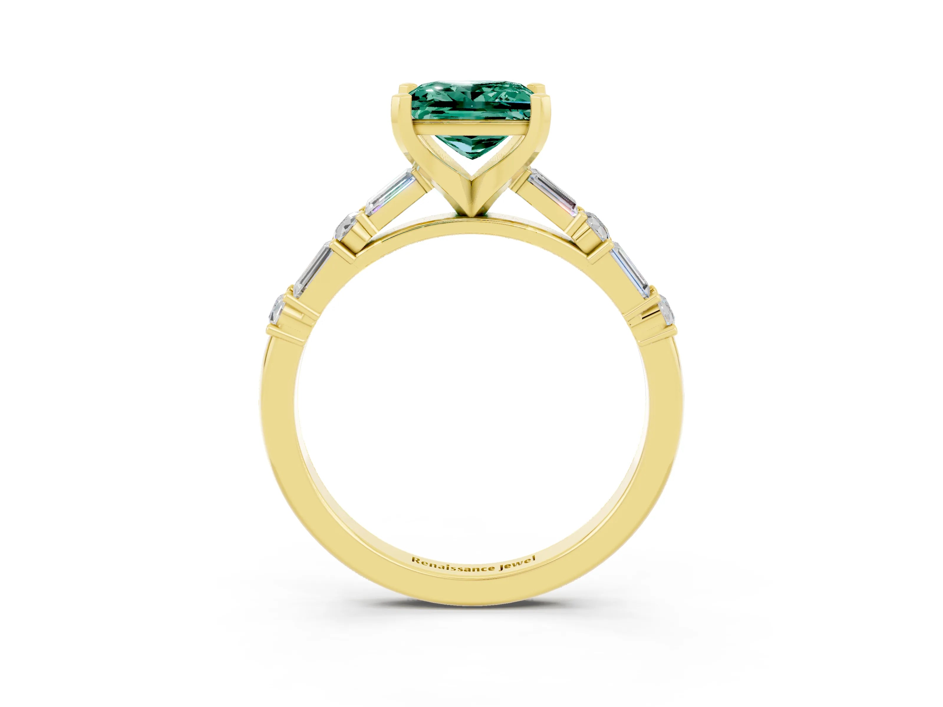Yellow gold Princess Cut Green Sapphire Solitaire with Side Baguettes and Channel Set Band_3