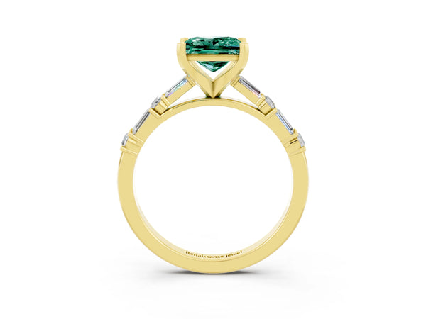 Yellow gold Princess Cut Green Sapphire Solitaire with Side Baguettes and Channel Set Band