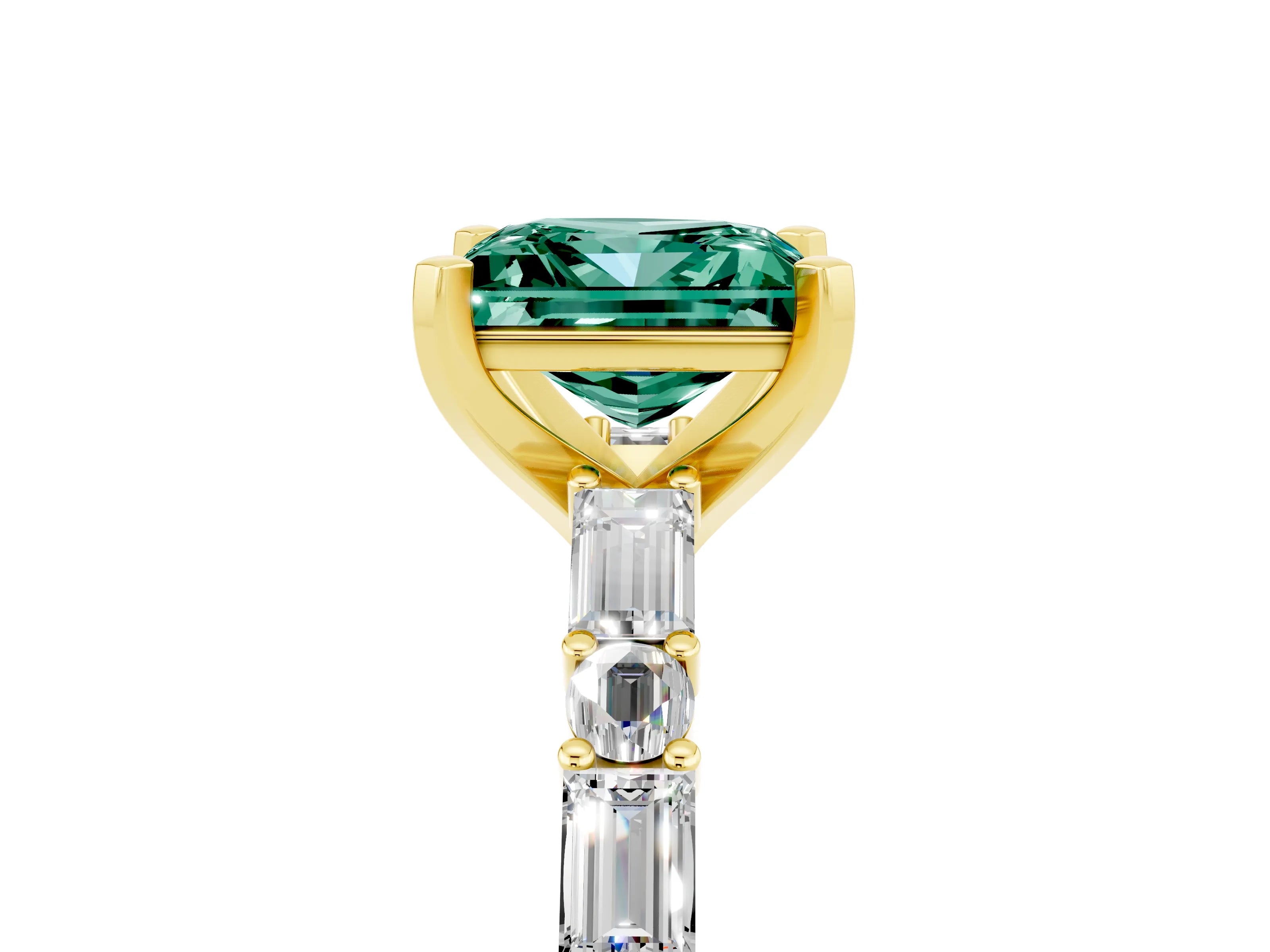 Yellow gold Princess Cut Green Sapphire Solitaire with Side Baguettes and Channel Set Band_5