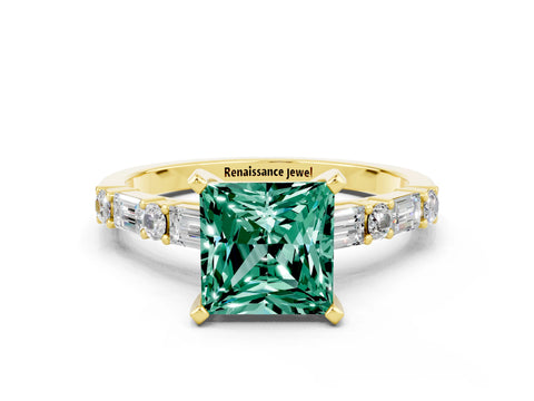 Yellow gold Princess Cut Green Sapphire Solitaire with Side Baguettes and Channel Set Band