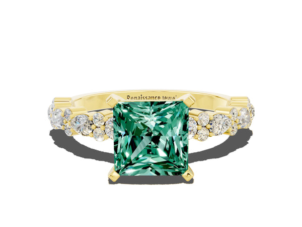 Yellow gold Princess Cut Green Sapphire Side Stone Solitaire Ring with Round  and Four-Prong Setting