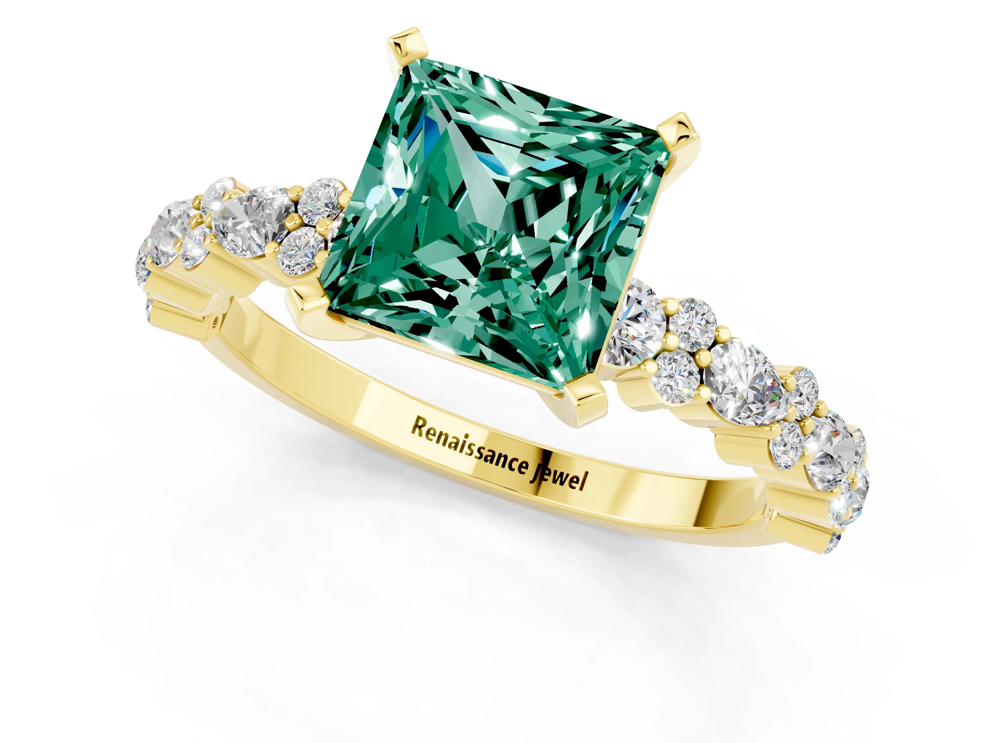 Yellow gold Princess Cut Green Sapphire Solitaire with Side Stones, Pave Band, Four-Prong Setting_37