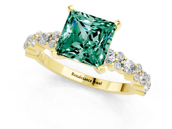 Yellow gold Princess Cut Green Sapphire Side Stone Solitaire Ring with Round  and Four-Prong Setting